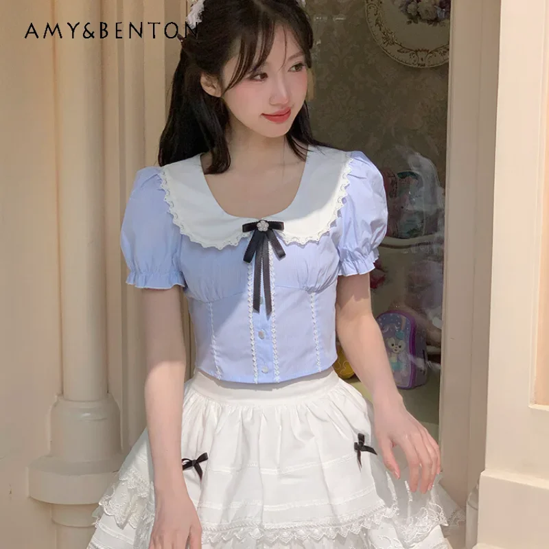 

2024 New Summer Blue Tight Waist Bow Ruffled Collar Short Sleeves Top White Pettiskirt Lace Edge Hollow Out Suit For Girls