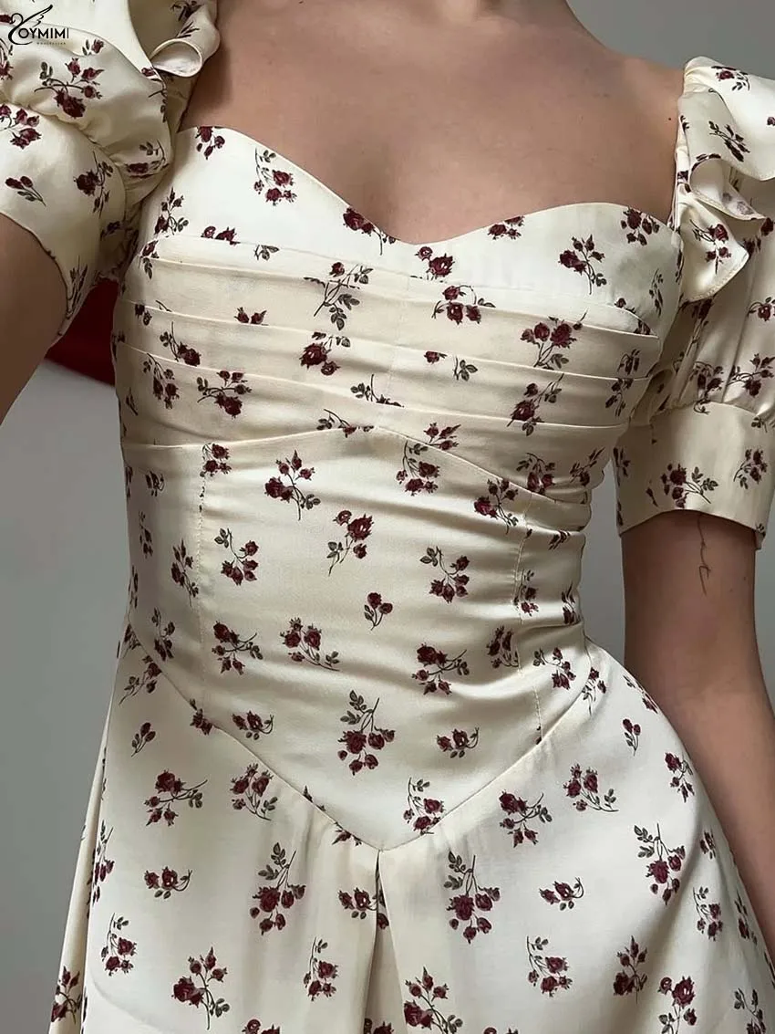 ชุดเดรสผ้าซาตินสีเหลืองสำหรับผู้หญิง แบรนด์ Oymimi ดีไซน์หรูหรา คอเหลี่ยม เอวสูง แขนสั้น สไตล์ลำลอง ทรงหลวม ความยาวระดับกลางน่อง