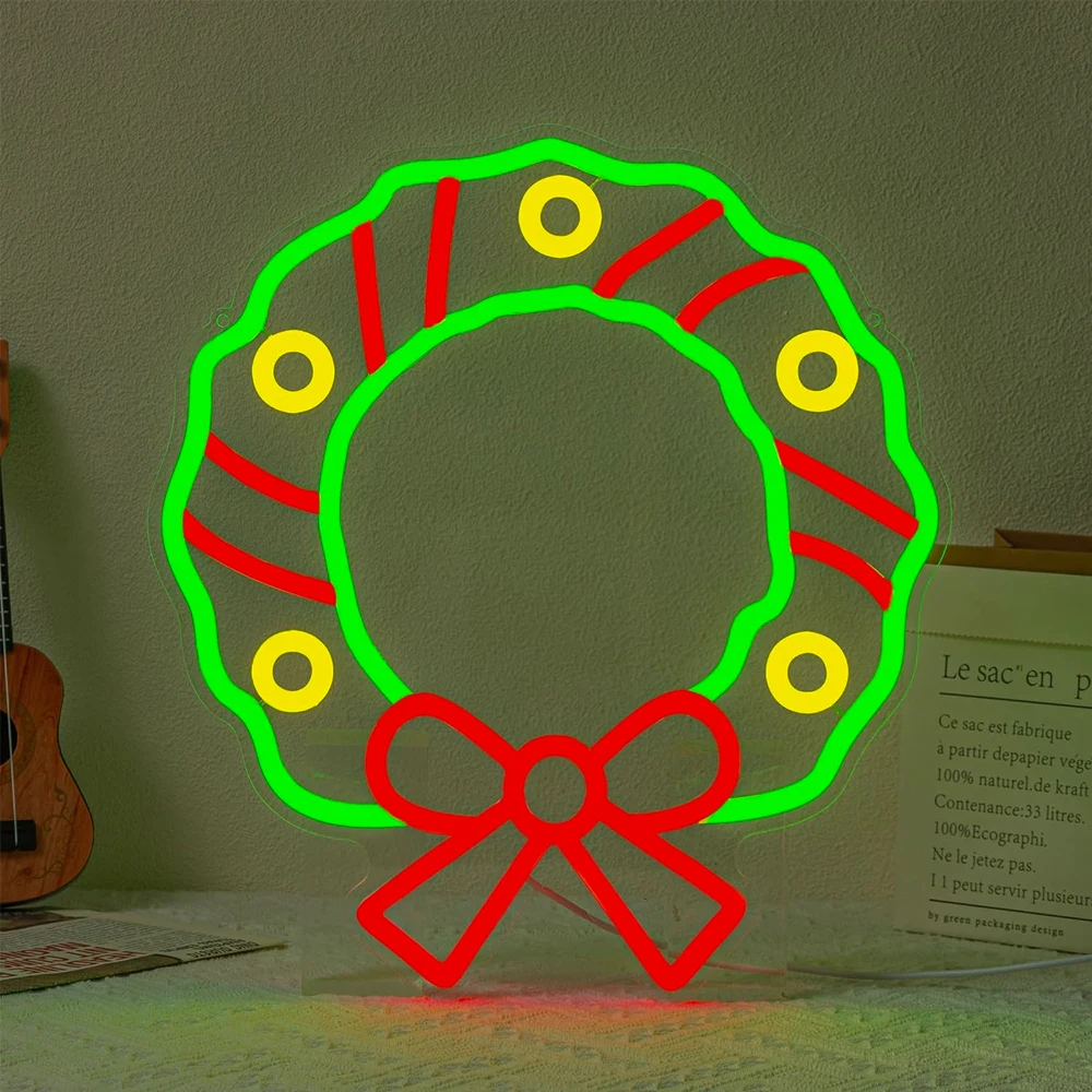 

Christmas Wreath Neon Sign Led Lights Xmas Bell Bow Art Wall Decor Signs Room Decoration Bedroom Home Party Bar Dimmable Lamp