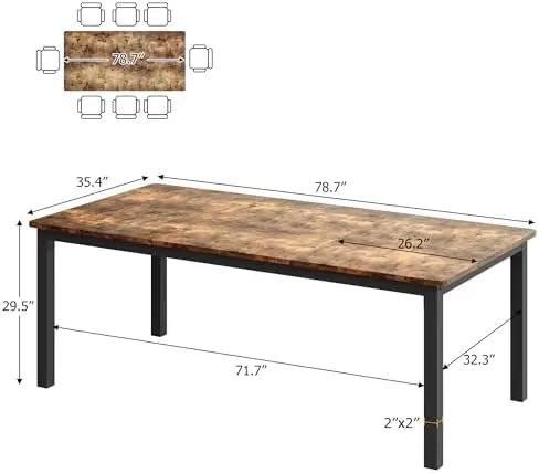 79 Inch Industrial Dining Table, Large Rectangle Kitchen Table with Metal Legs, Round Corners, Wooden Conference Tables
