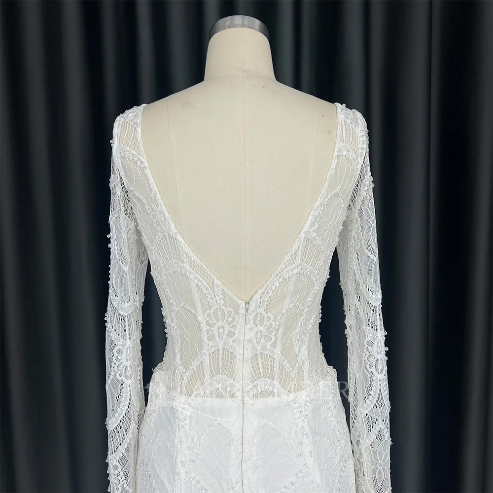 Vestido de novia bohemio de encaje con cuello en V para playa, vestidos de novia de manga larga, cola de corte de sirena, Formal personalizado