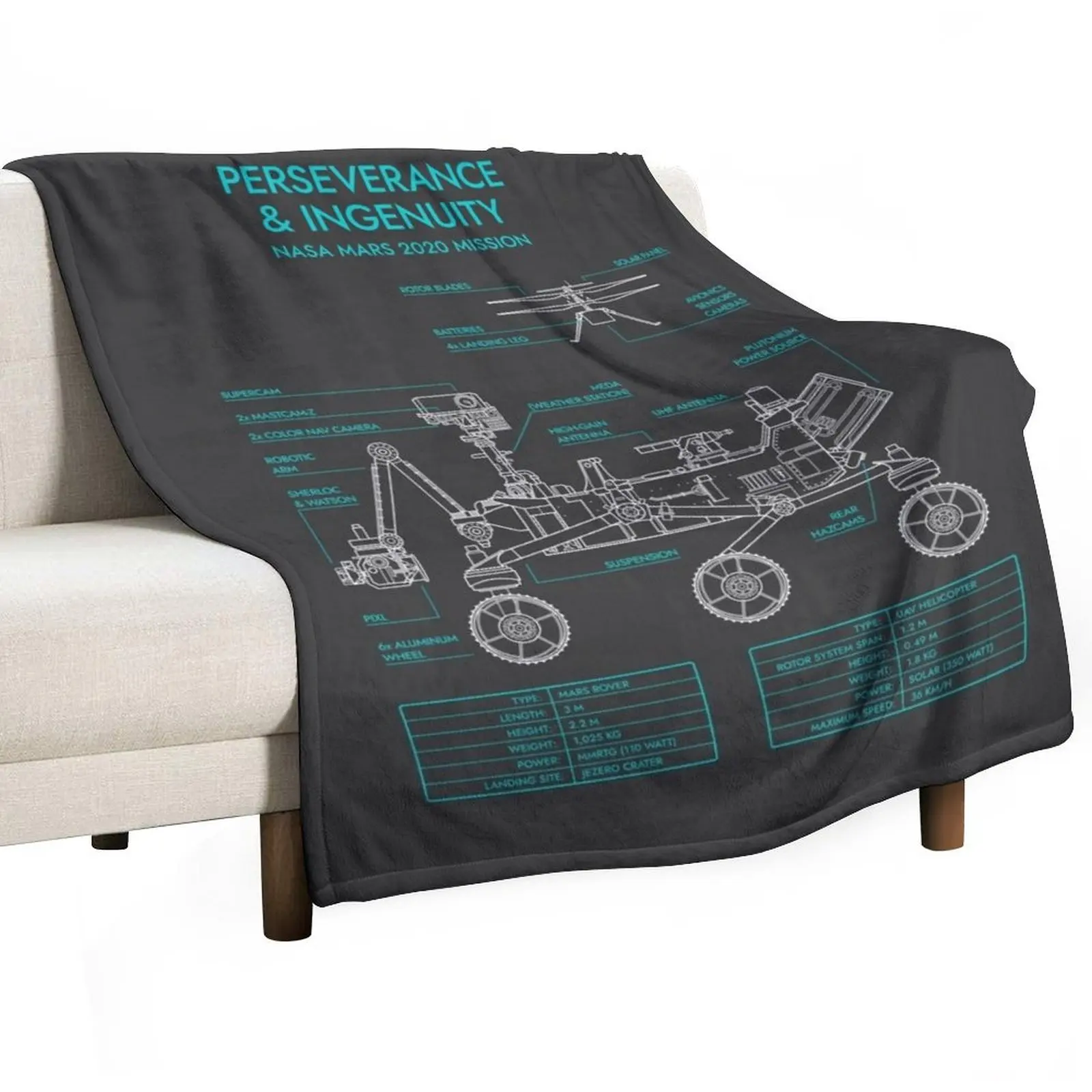 

Perseverance & Ingenuity - MARS 2020 (Grey and Turquoise Blueprint) Throw Blanket Soft Big Retros Hair Blankets