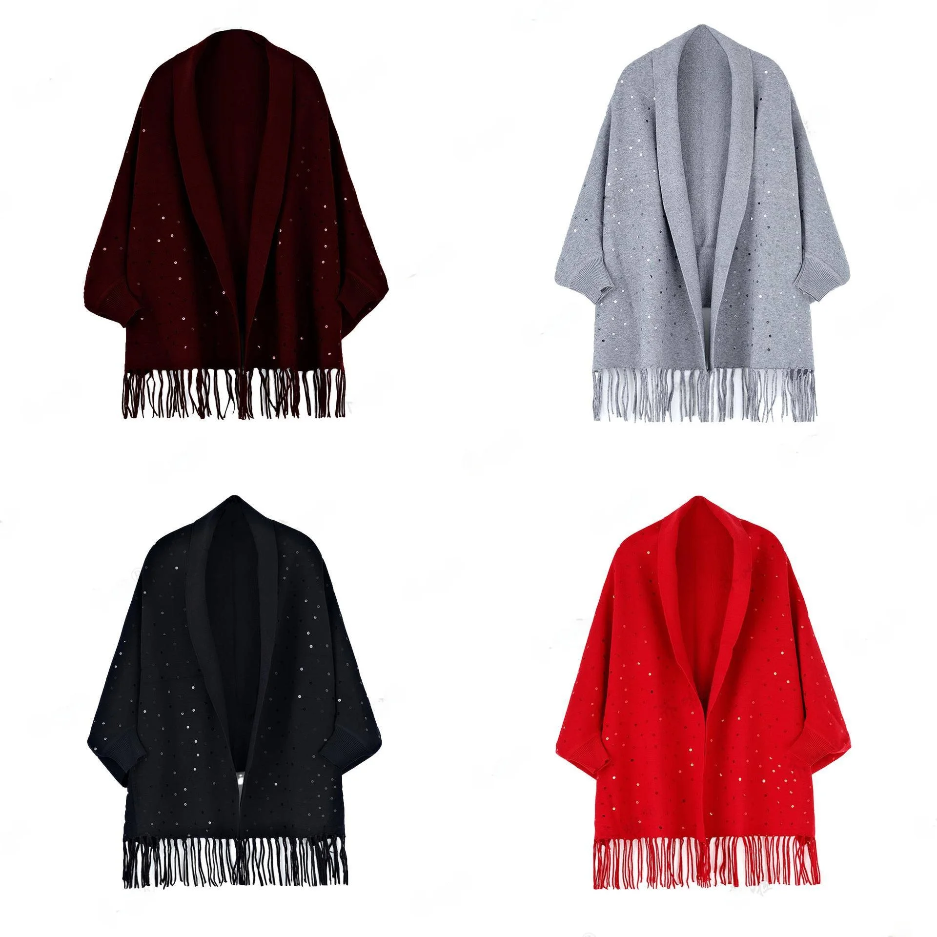 

Women's Knitted Woolen Batwing Coat Casual Autumn Winter Bright Sequins Tassel Shawl Wrap Comfortable Soft Texture Outerwear