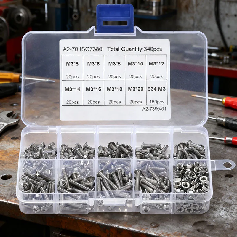 340Pcs M3 screw set Hex pan Head Screws Bolt Nut Assortment Kit,Stainless Steel hexagon button head screw M3x5/6/8/10/12/14/16mm