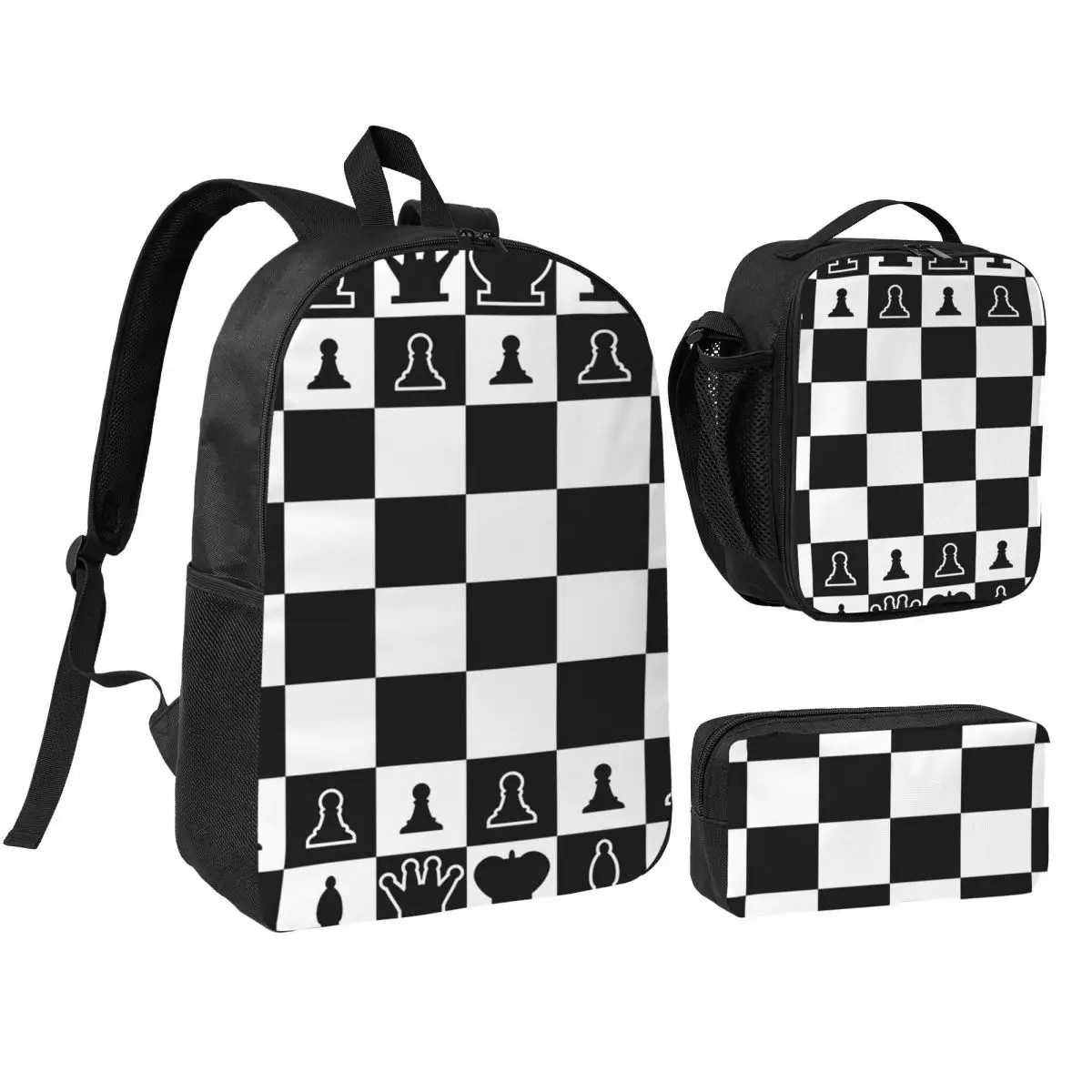 

Chess Board Black And White Grid Checkered Backpack Student BookBag School Bag Shoulder Bags 3ps Insulated Lunch Bag Pencil Case