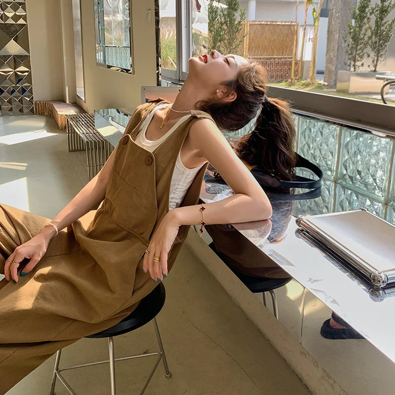 

Женский дизайнерский летний комбинезон цвета хаки с широкими штанинами, свободный антивозрастной комбинезон в Корейском стиле