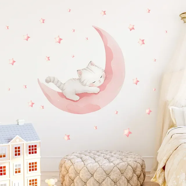 Cartoon Pink Moon Cute Cat Sleep Wall Stickers Baby Room Star Home Decor Akcesoria Pokój dzienny Sypialnia Dekoracja Pokój dziecięcy