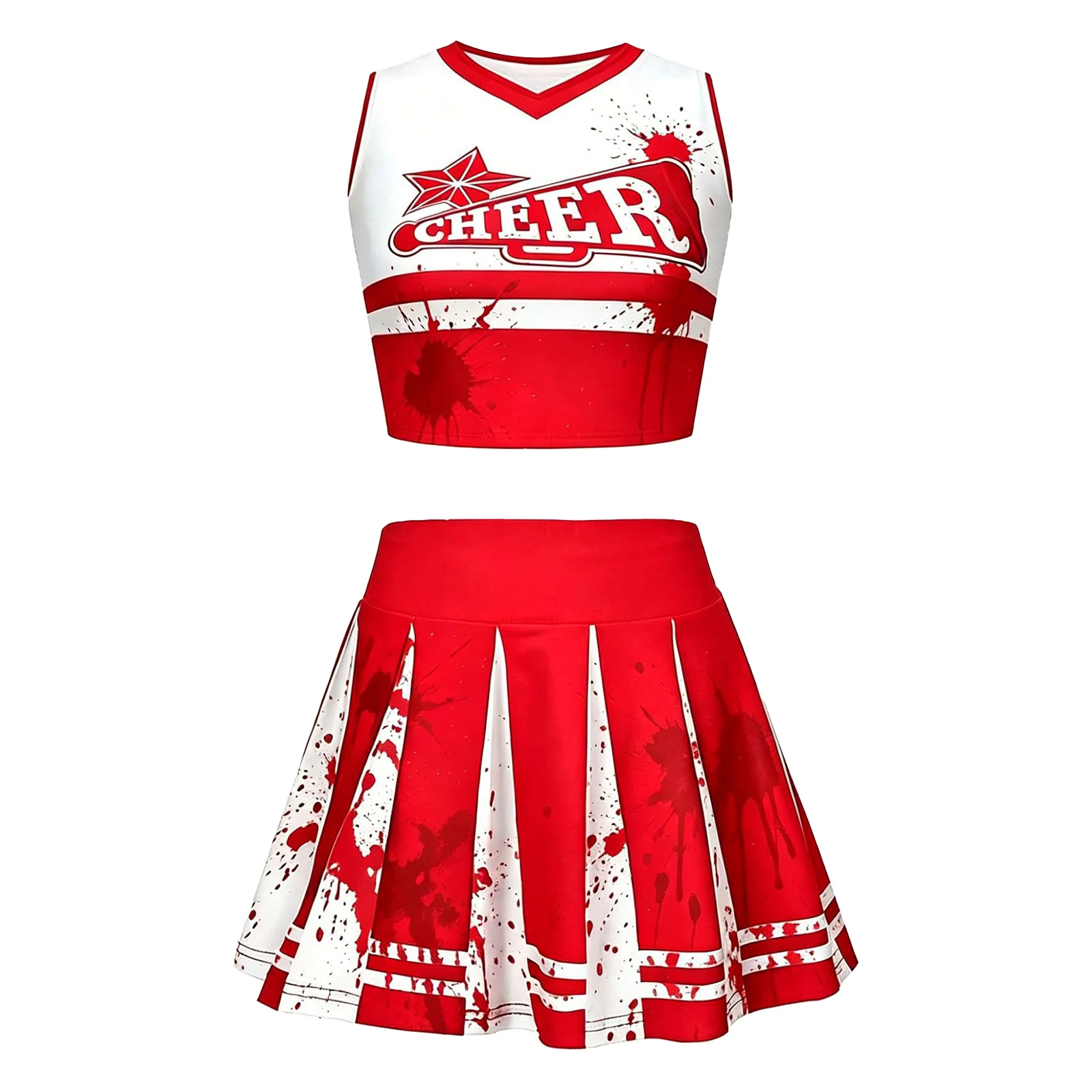 Kinder Mädchen Halloween Cheerleader Cosplay Kostüm Cheerleading Uniform V-Ausschnitt Crop Top mit Faltenrock Cheer Dance Outfit – Detail 5