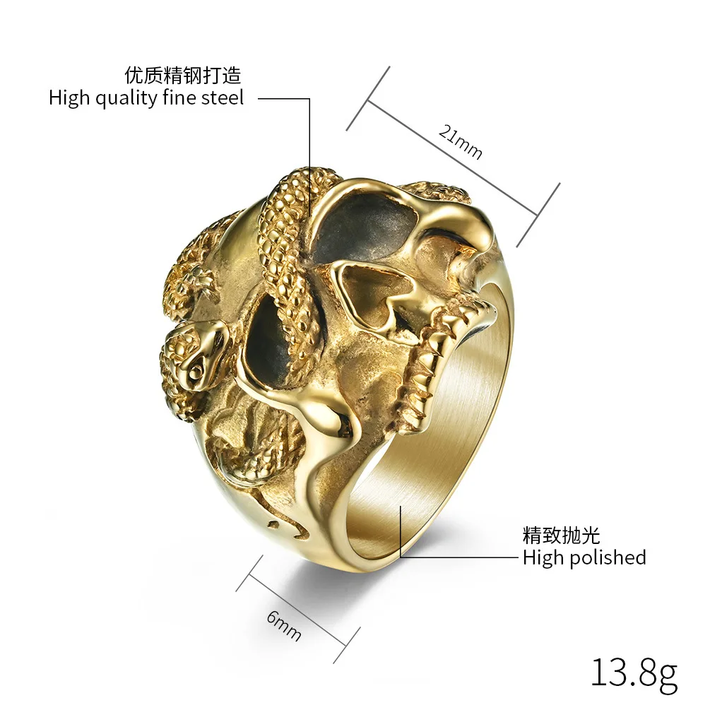 Demon Skull Head Ring Gothic Snake Animal Ring for Men Punk Biker Hip-hop Stainless Steel Ring