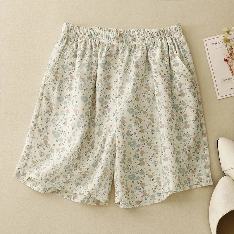 Women's Boho Style Floral Printed Cotton Linen Shorts Korean Cute Casual Loose Summer Shorts Green Beige Pink Shorts