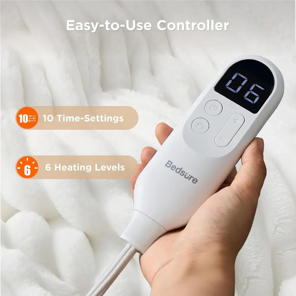 بطانية كهربائية من الفلانيل ذات شريط سميك بحجم مزدوج مع 10 مؤقتات و6 مستويات حرارية وإيقاف تلقائي لمدة 8 ساعات للجدة (62 × 84 أبيض)