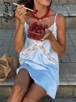 Robe Courte Sexy en Satin Bleu et Dentelle pour Femme, Bretelles Fines, Col en V, Découpes, Moulante, Robe de Plage d'Été, Vestidos 2026 1