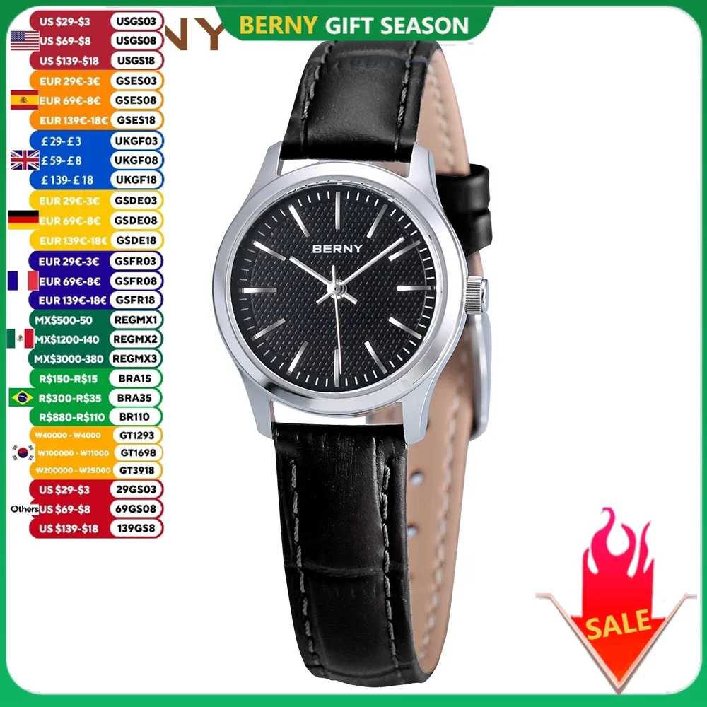 BERNY Quartz Women Watch Classic Retro Minimalist Ladies Wristwatch Small Dial Leather Strap Clock Waterproof Women\'s Watches