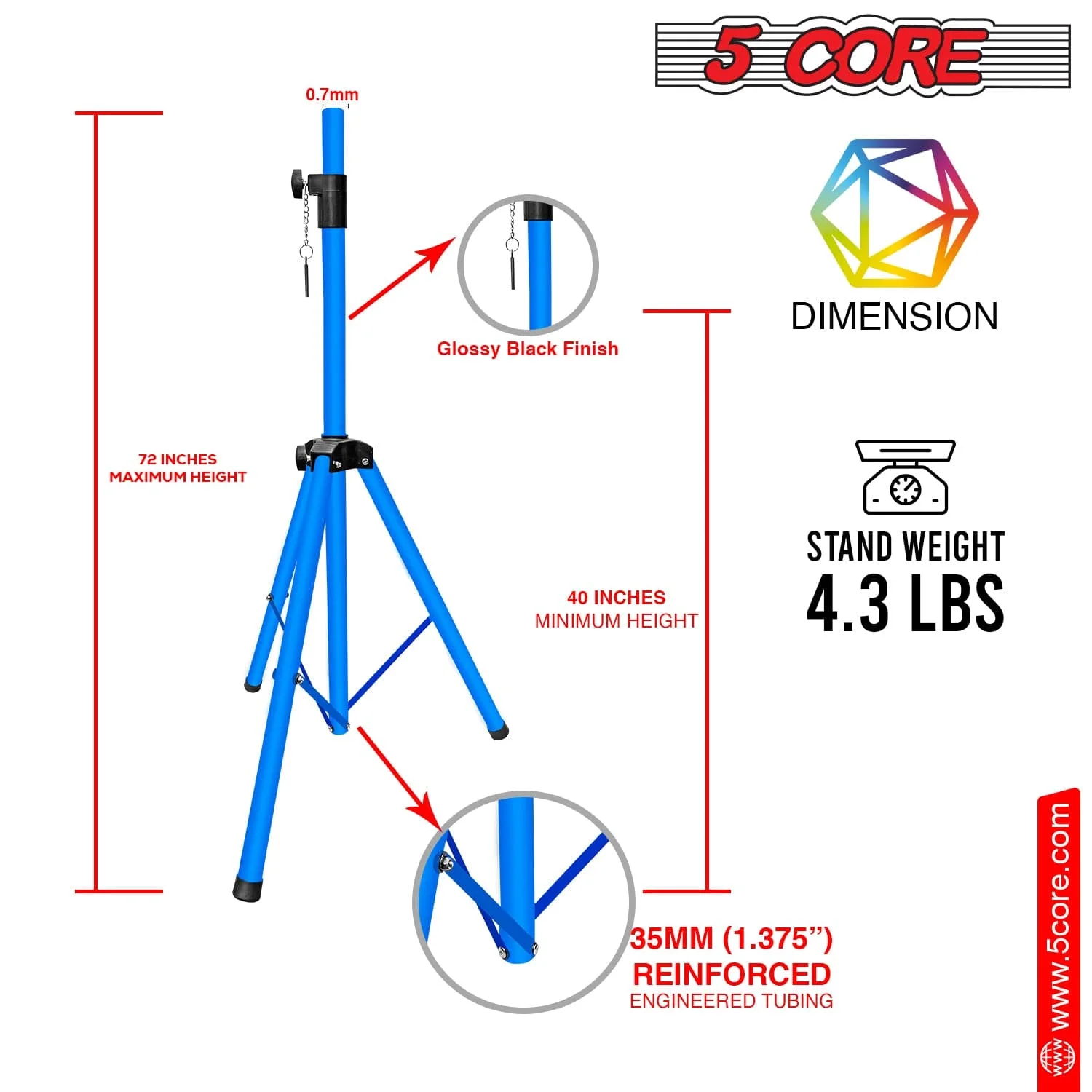 5 Core Speaker Stand Height Adjustable PA DJ Tripod Studio Monitor Stands w 35mm Compatible Insert - SS ECO 1PK SKY BLU WoB view 3