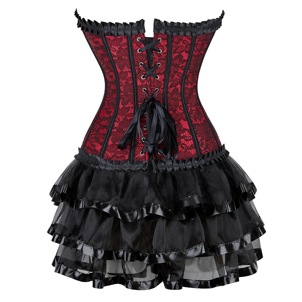 Corset Dresses for Women Sexy Lace Up Boned Overbust Corsets Bustiers Top with Mini Tutu Skirt Sets Victorian Fashion Gown