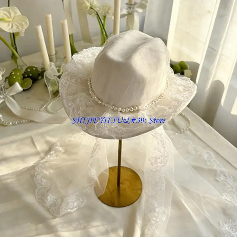 E21F Wide Brims Cowboy Cap for Brides With Veil Pearls Elegant Headpiece for Western Wedding Celebration Photography Props