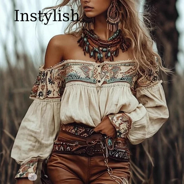 

Retro Western Cowgirl Women's Shirt Ethnic Printed Bohemian Top One Off Shoulder Shirt