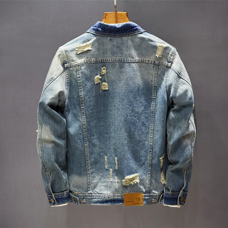 Men's Classic Retro Washed Distressed Hole Ripped Denim Jacket Men's Casual Slim Long Sleeve motorcycle jeans Jacket 5XL