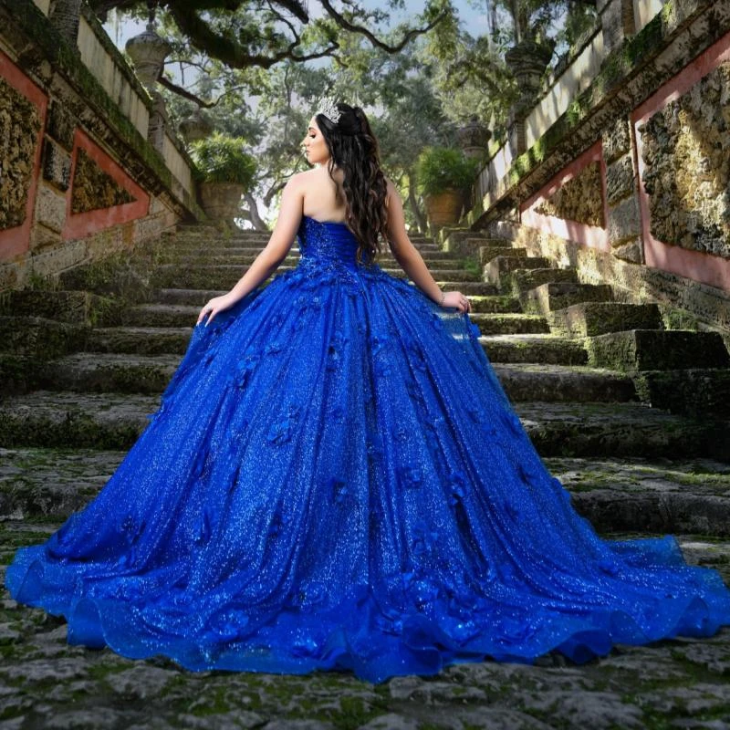 Royal Blue Shinning Off The Shoulder Quinceanera Dresses Ball Gown Beads Crystal Flower Tull Princess Sweet 16 Dress Customized