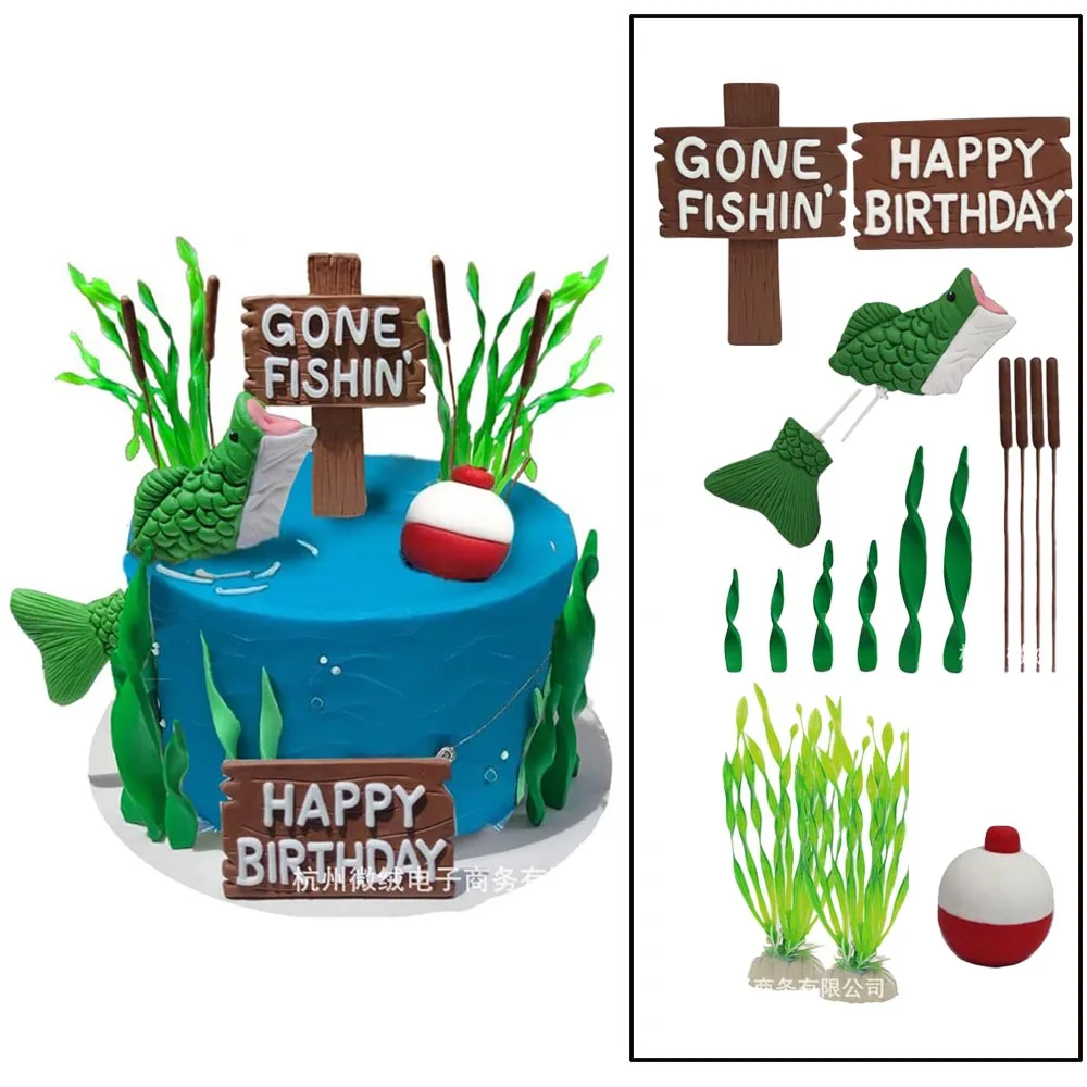 Fishing Cake Topper 14 Pieces Fisherman Themed Decoration for Retirement Party Supplies 40th 50th 60th Birthday Party