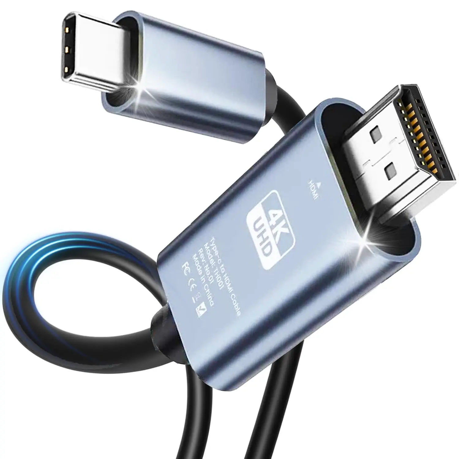 4K 60/30Hz HD-Video-Konvertierungskabel Typ C auf HDMI-Kabel mit gleichem Bildschirm, TV-Computer, 6,6 Fuß PVC-Bildschirmprojektionskabelverpackung