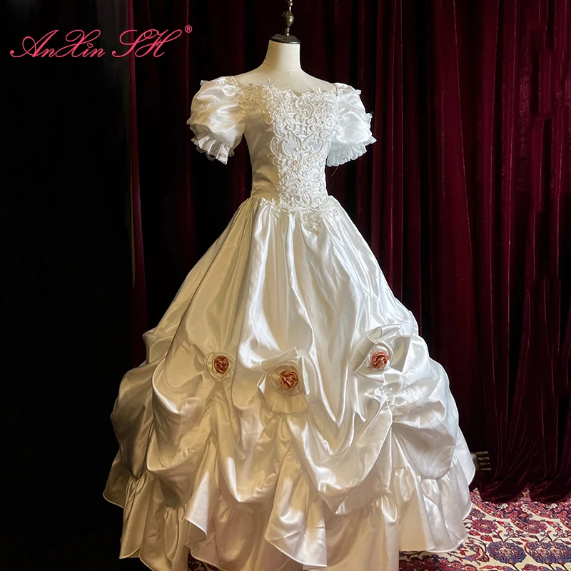 AnXin SH white satin pink rose princess handmade boat neck beading pearl puff sleeve lace up customized wedding dress