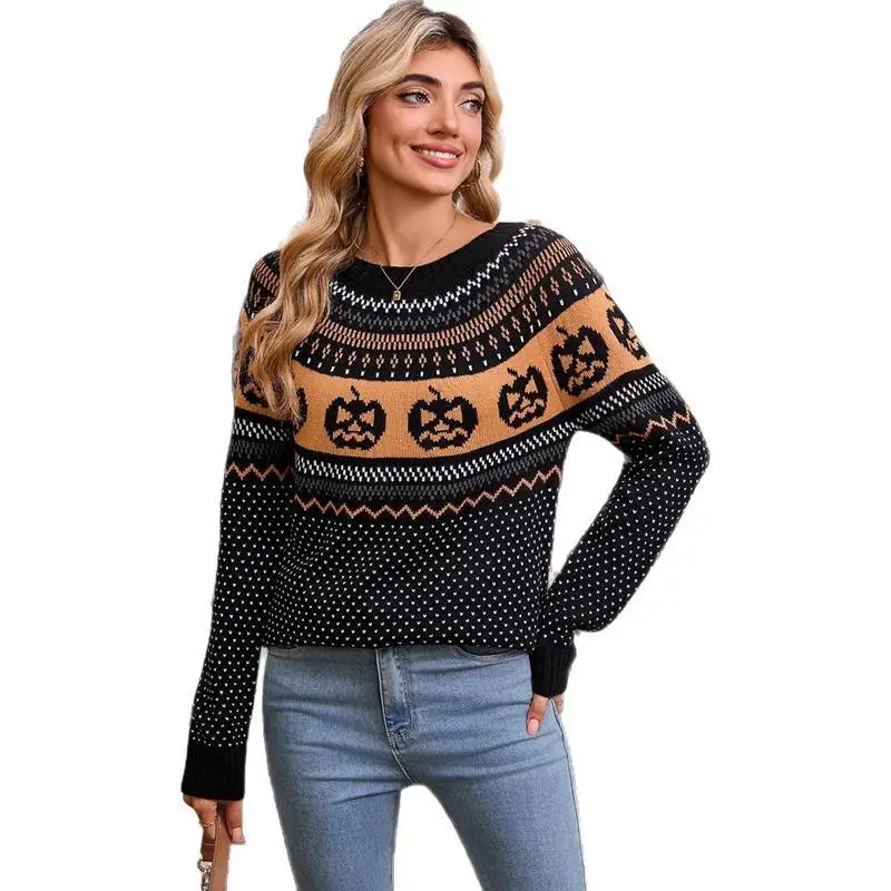

Autumn Winter Women's Knitted Sweater loween Pumpkin Embroidered Vintage Polka Dot Long Sve Commute Sle Faionable