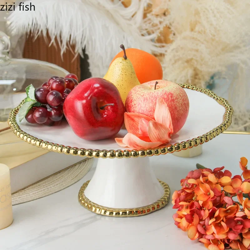 Golden Bead High Footed Cake Tray Ceramic Dessert Plate Fruit Plate Cake Stand Dim Sum Dish Snack Bowl Display Tray Bread Plates