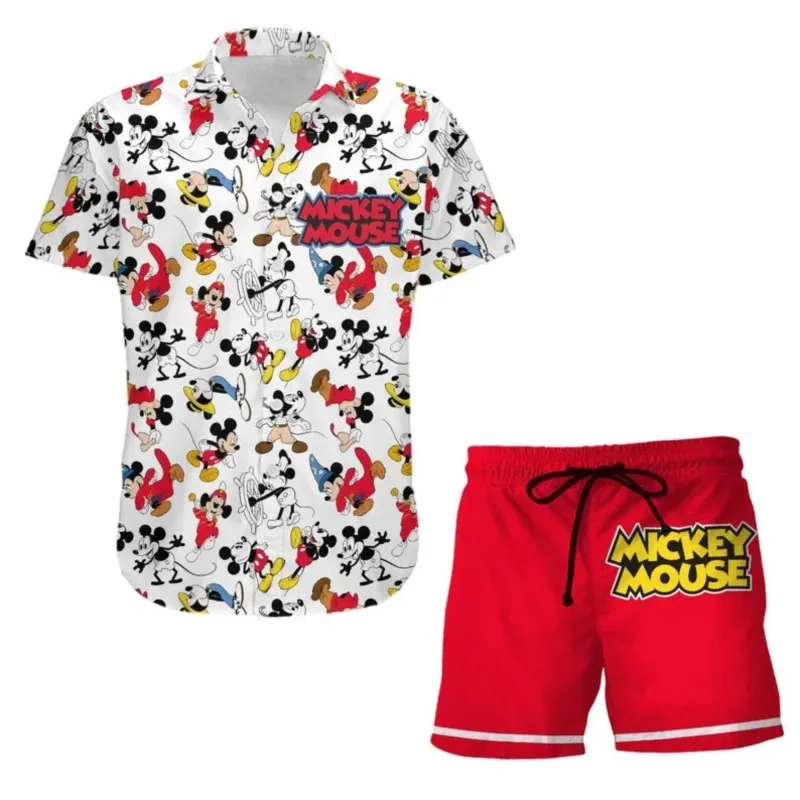 

2025 Mickey Mouse Hawaiian Shirt Set Men Casual Beach Vacation Short Sleeve Set Disney Mickey Beach Shorts Retro Button Shirt