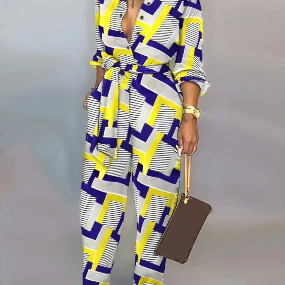 Spring Autumnnew Printed Long Sleeved For Women\'s Jumpsuit Fashion Slim High Waist Lace Up Elegant Female Office Jumpsuit Pant