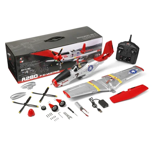 LEDライト付き飛行機xka280 P-51,3d 6gシステム,翼幅560mm,2.4ghz,4ch epp rc,戦闘機,rtf,車のおもちゃ,初心者へのギフト