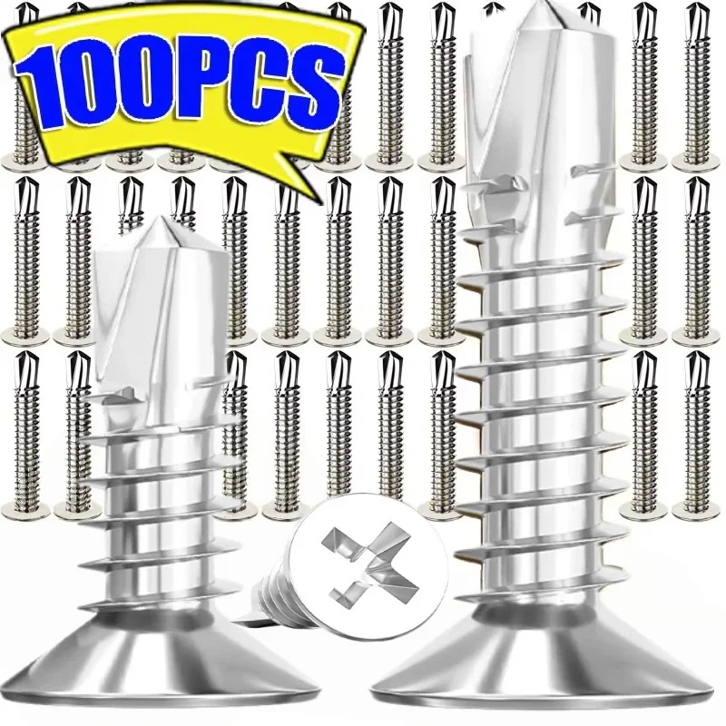 100PCS High-Strength #8 M4.2 Self-Tapping Sheet Metal Screws - 410 Stainless Steel Truss Head, Quick Tapping for Lath To Metal