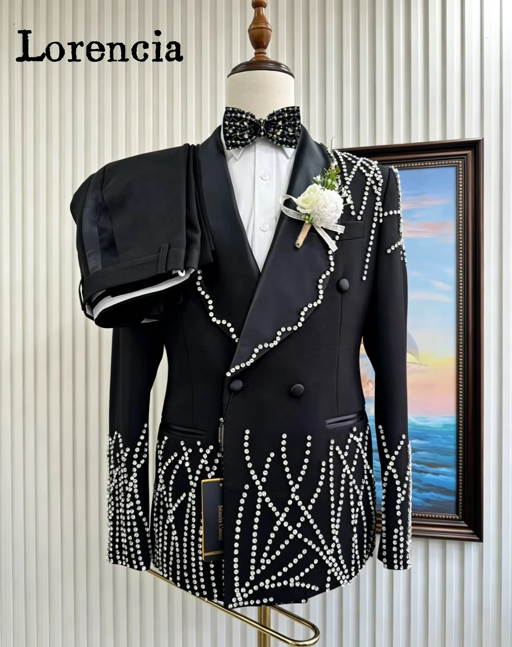 Elegant Beaded Men Suits 2 Pieces Sets Male Party Blazers Premium Double Breasted Groom Wedding Tuxedos Customized ropa hombre