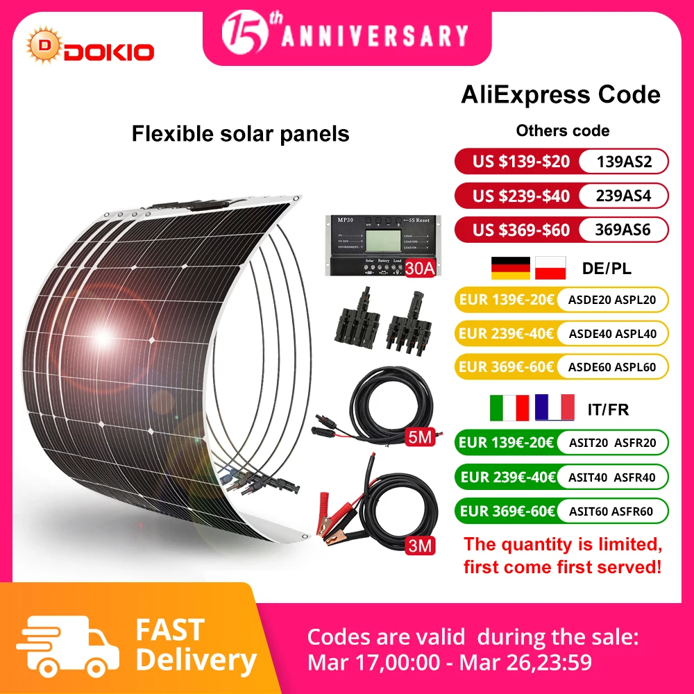DOKIO 18V Linh Hoạt 100W Tấm Pin Năng Lượng Mặt Trời Chống Thấm Nước Di Động Năng Lượng Mặt Trời Tấm Sạc 12V Pin Năng Lượng Mặt Trời Bộ Cho Gia Đình xe Hơi/Ô Tô/Cắm Trại/Thuyền