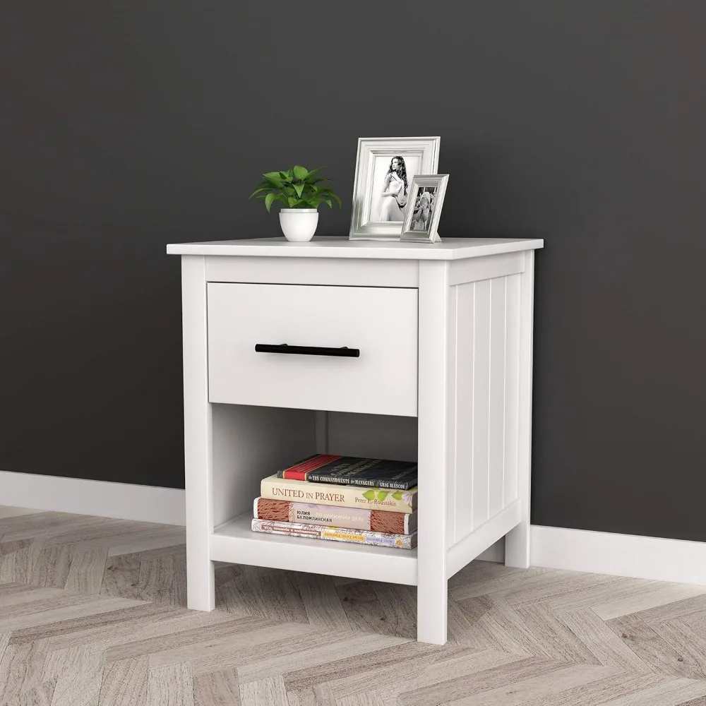 

White Finish Nightstand Side End Table With Drawer and Open Shelf