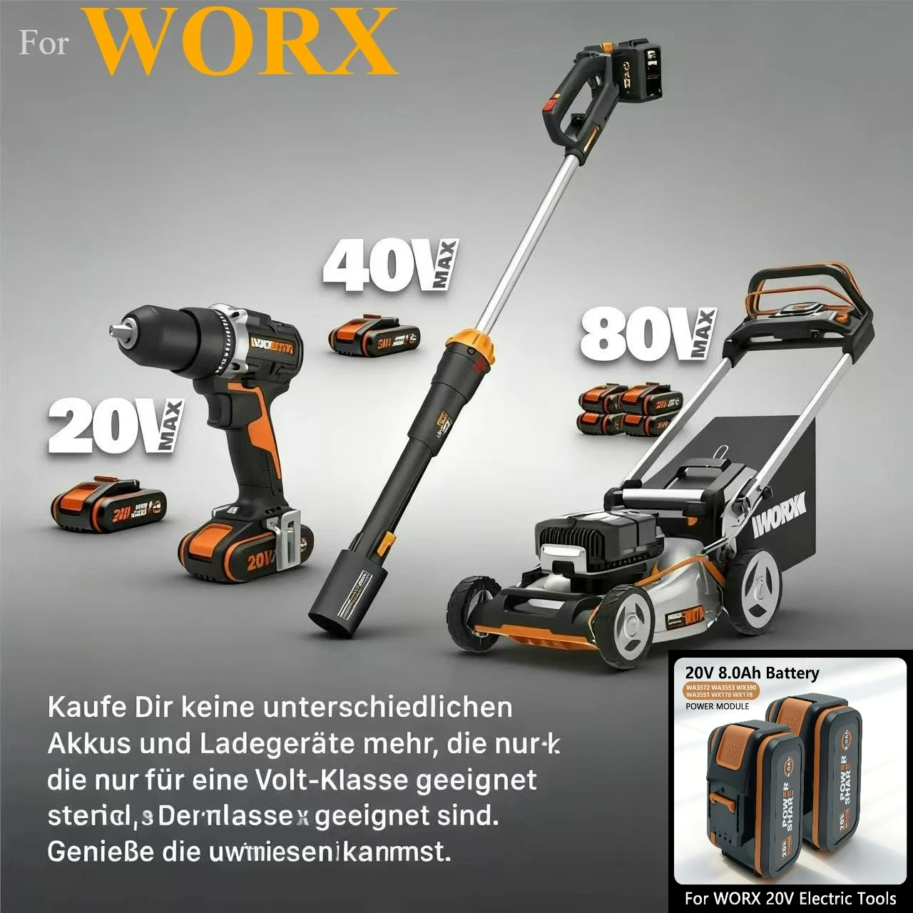 

For WORX 20V high-capacity 8000mAh Lithium-ion Battery WA3551 WA3551.1 WA3553 WA3641 WX373 WX390 Rechargeable Battery Tool