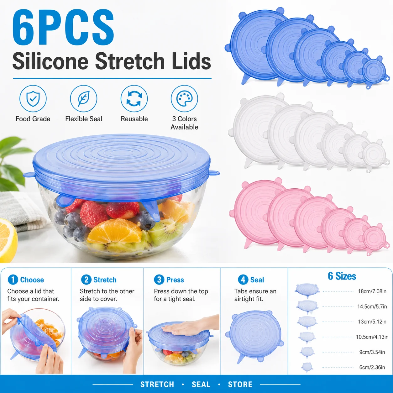 6PCS Silicone Stretch Lids Reusable Food Covers Airtight Leakproof Bowl Cup Covers For Kitchen Fridge Storage Fresh Keeping Set