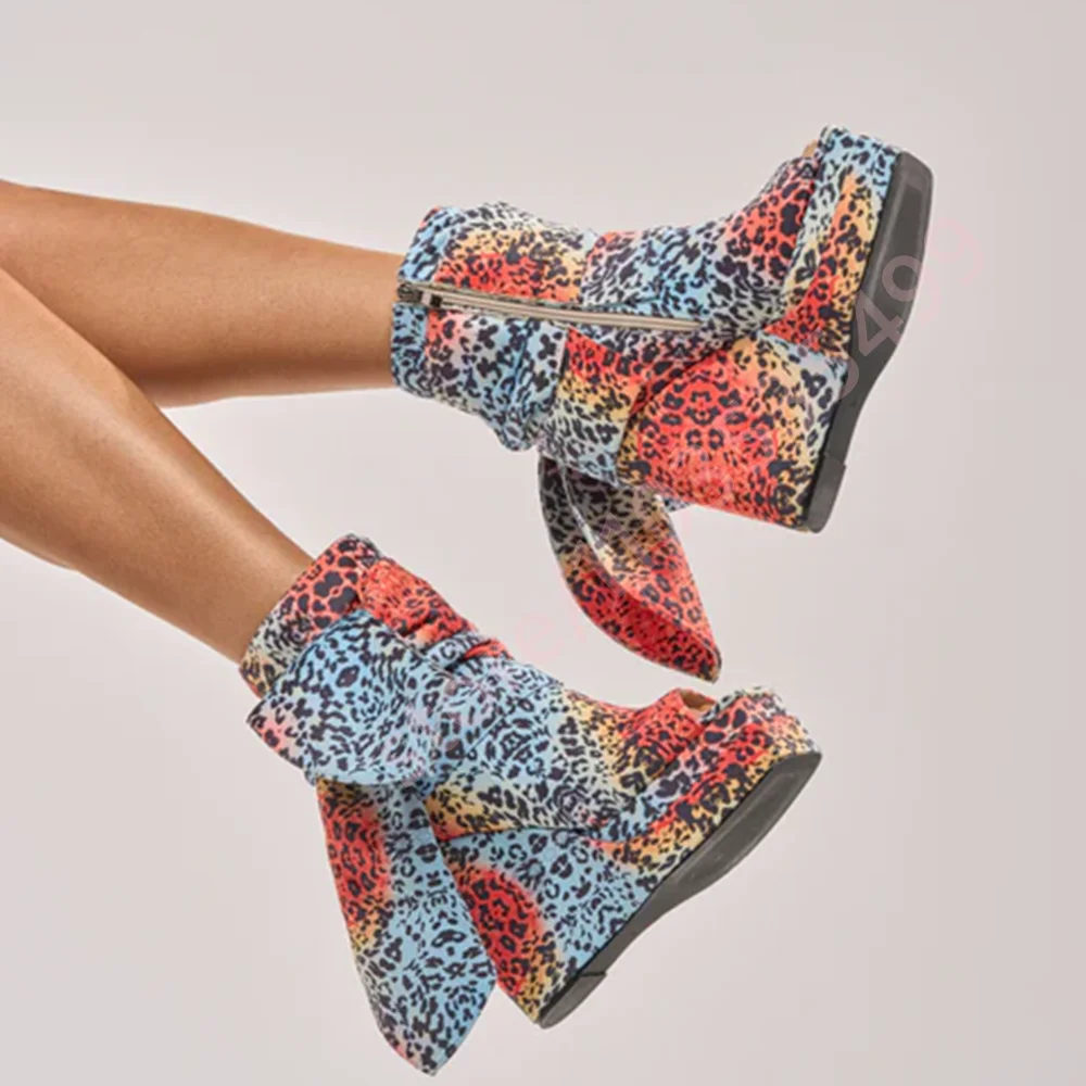 2026 Gradient Leopard Print Platform Wedge Sandals Women Fabric Bow Decor Peep Toe Fashion Nightclub Party Statement High Heels