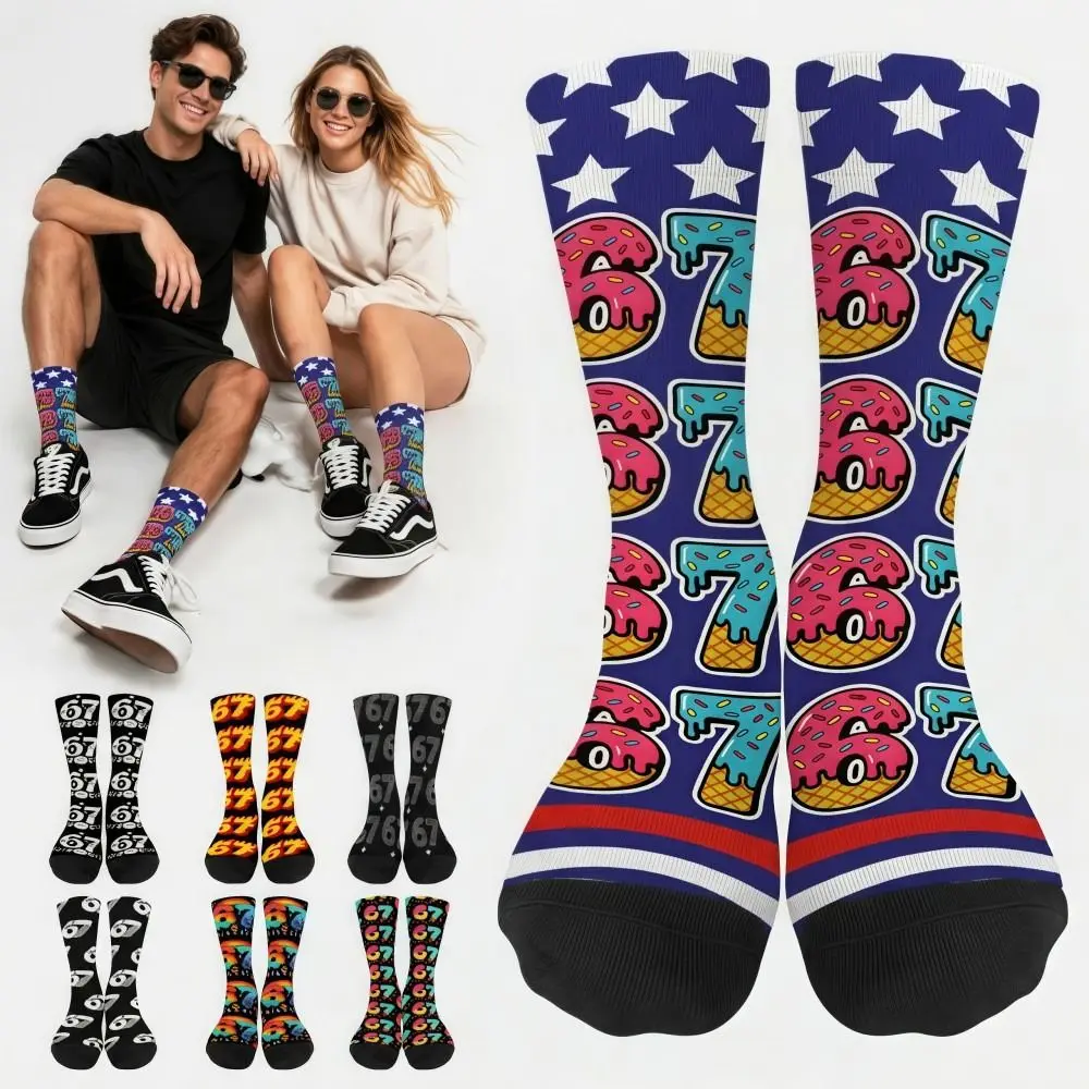 Cartoon Unisex 67 Meme Ice Cream Socks Warm Breathable 67 Meme Crew Long Socks Cotton Lightweight Creativity Stockings