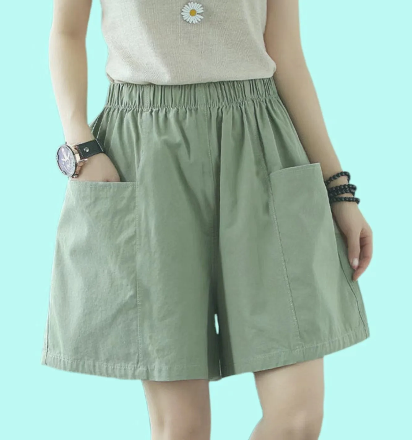 High Waist Cotton Shorts Women's Summer New Style Thin Wide Leg Loose Fit Elastic Eight Milk Short Pants Korean Style Casual