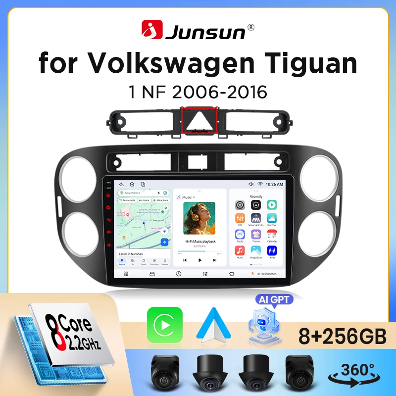 Autoradio Junsun sans fil CarPlay Android Auto pour Volkswagen (VW) Tiguan Mk1 (5N) 2007-2016 avec ventilateur de refroidissement intégré, navigation GPS Android, lecteur multimédia, WiFi, DSP, RDS,