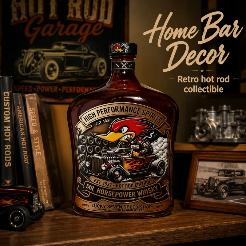 Vintage Hot Rod Mr Horsepower Woody Woodpecker Collectible Decanter, Retro Race Car Pattern Amber Glass Whiskey Bottle,
