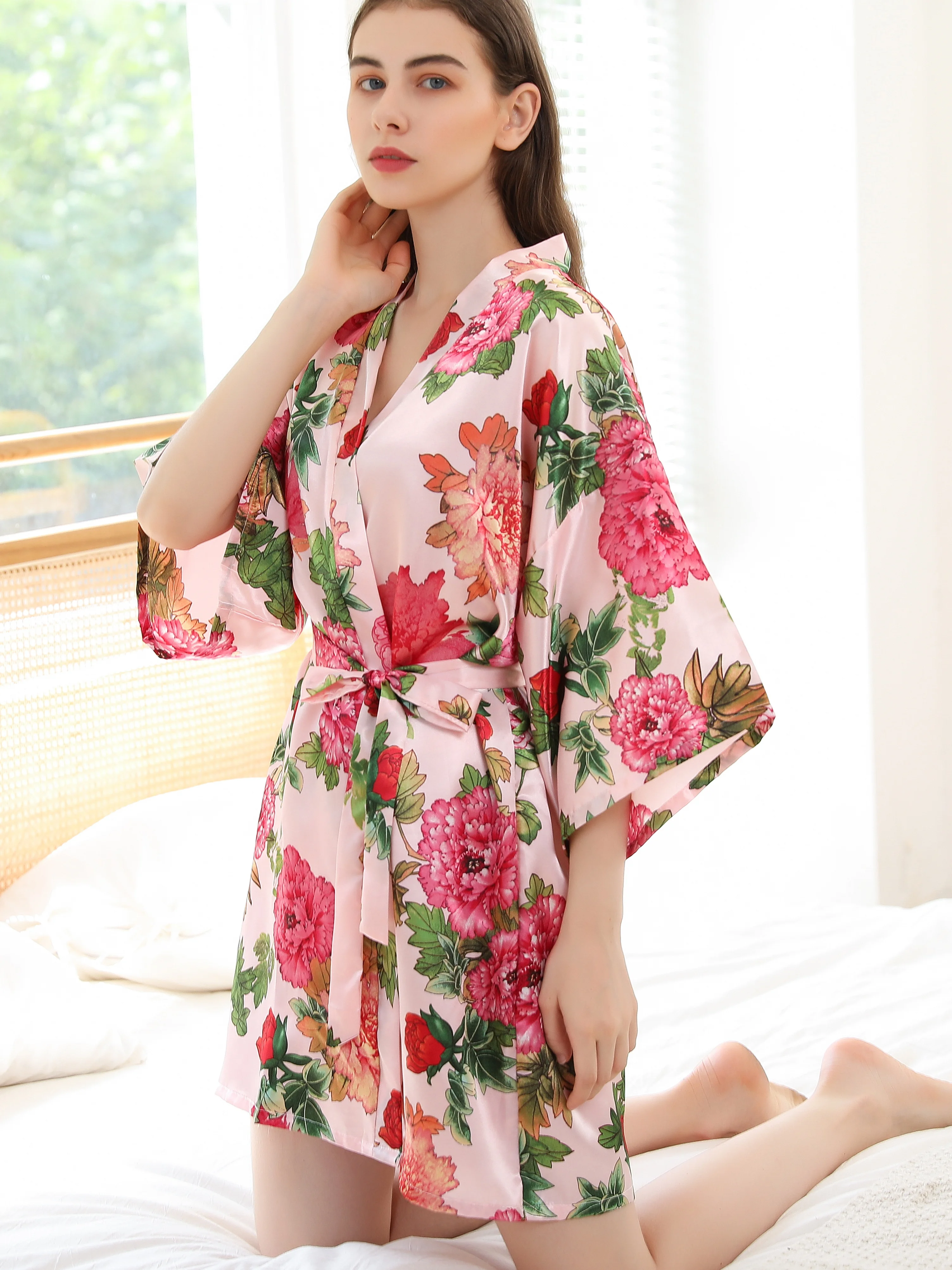 Flora Printed Belt Satin Robe, Bathrobe, Dressing robe, Suit for Home,Vacation,Party