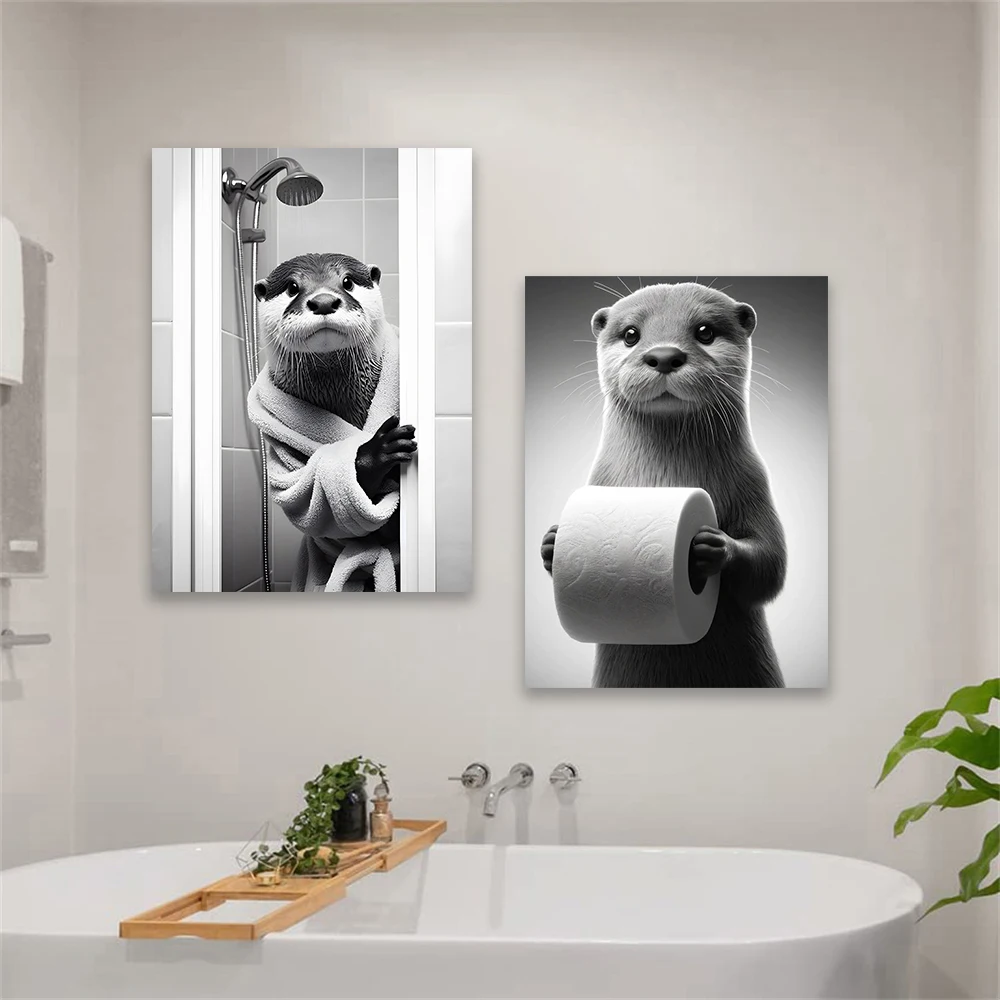 Black And White Otter Art Poster Funny Bathroom Decor Otter In Toilet Canvas Print Animal In Bathroom Decor Aesthetic Pet Bath