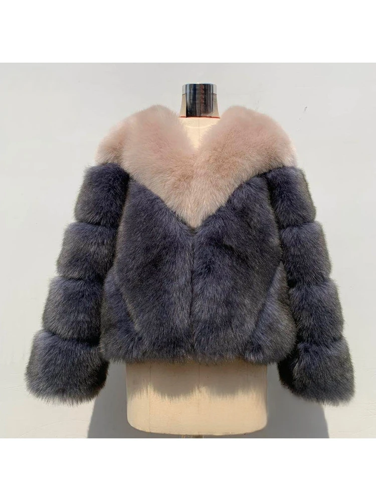 French Retro Blue Coffee Color Blocking Faux Fur Fashion Elegant Warm Casual Comfortable Soft Commuting Dating Party  Outerwear
