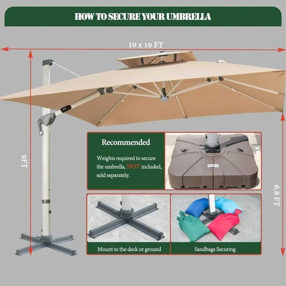 10x10ft Vierkante Vrijdragende Paraplu Met Led-Verlichting Op Zonne-Energie, Grote Paraplu Buiten Terras, 360 ° Rotatie Zware Offset Paraplu