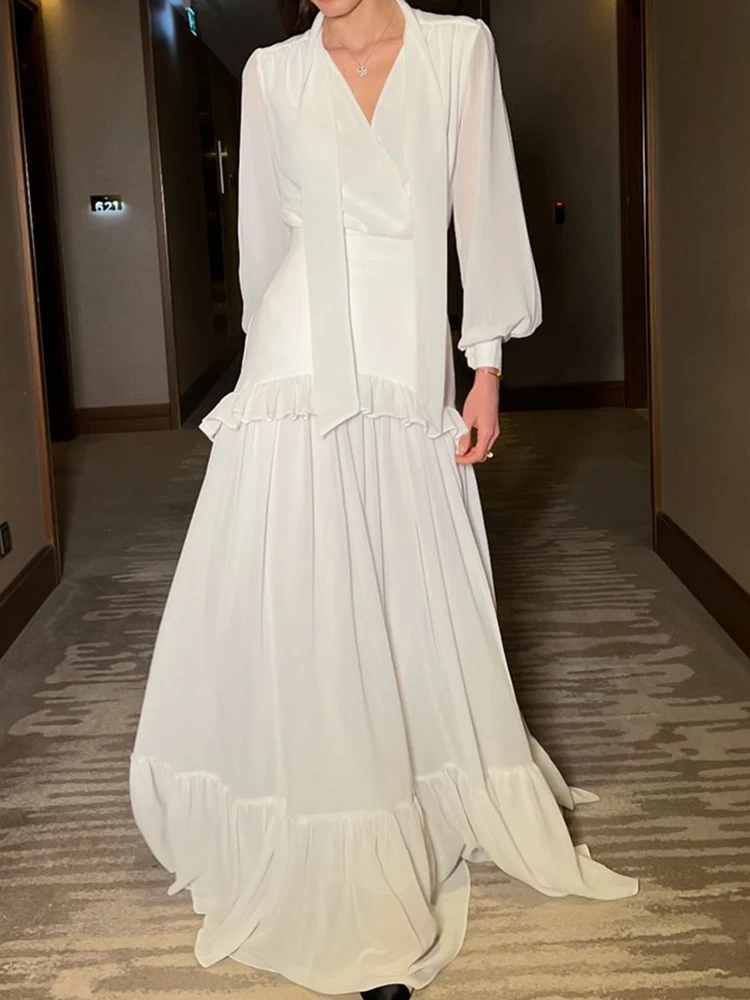 

GELITAYIN Lady Sexy V Neck Tie Up Top And Long Skirt Two Piece Casual Street Solid Color Chiffon Set New Autumn Elegant Temperam