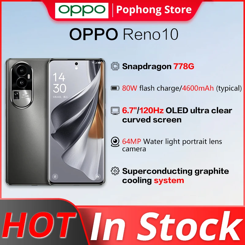 

OPPO Reno 10 5G Mobile Phone 6.7 inch 120Hz OLED Flexible Curved Screen Snapdragon 778G Octa Core 80W SuperCharge NFC