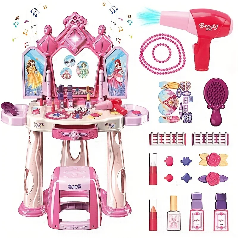 Dressing Table Role Play Set Toy Kids Girls Pink Vanity Mirror Make Up Desk Beauty Sets Toy Play for Pre-Kindergarten Children