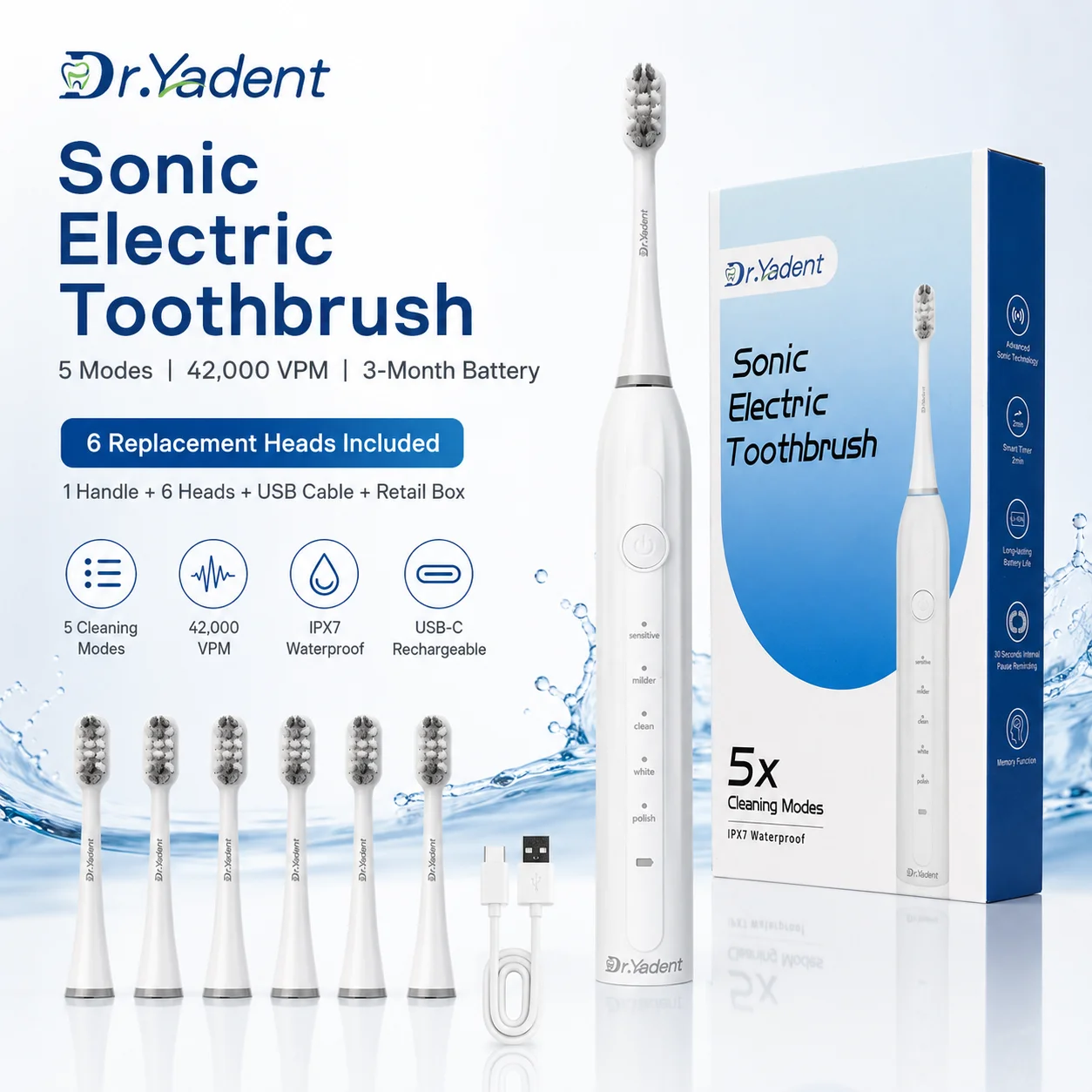Dr.Yadent Sonic Electric Toothbrush for Adults 5 Modes Rechargeable Toothbrush IPX7 Waterproof 6 Brush Heads Type-C Gum Care